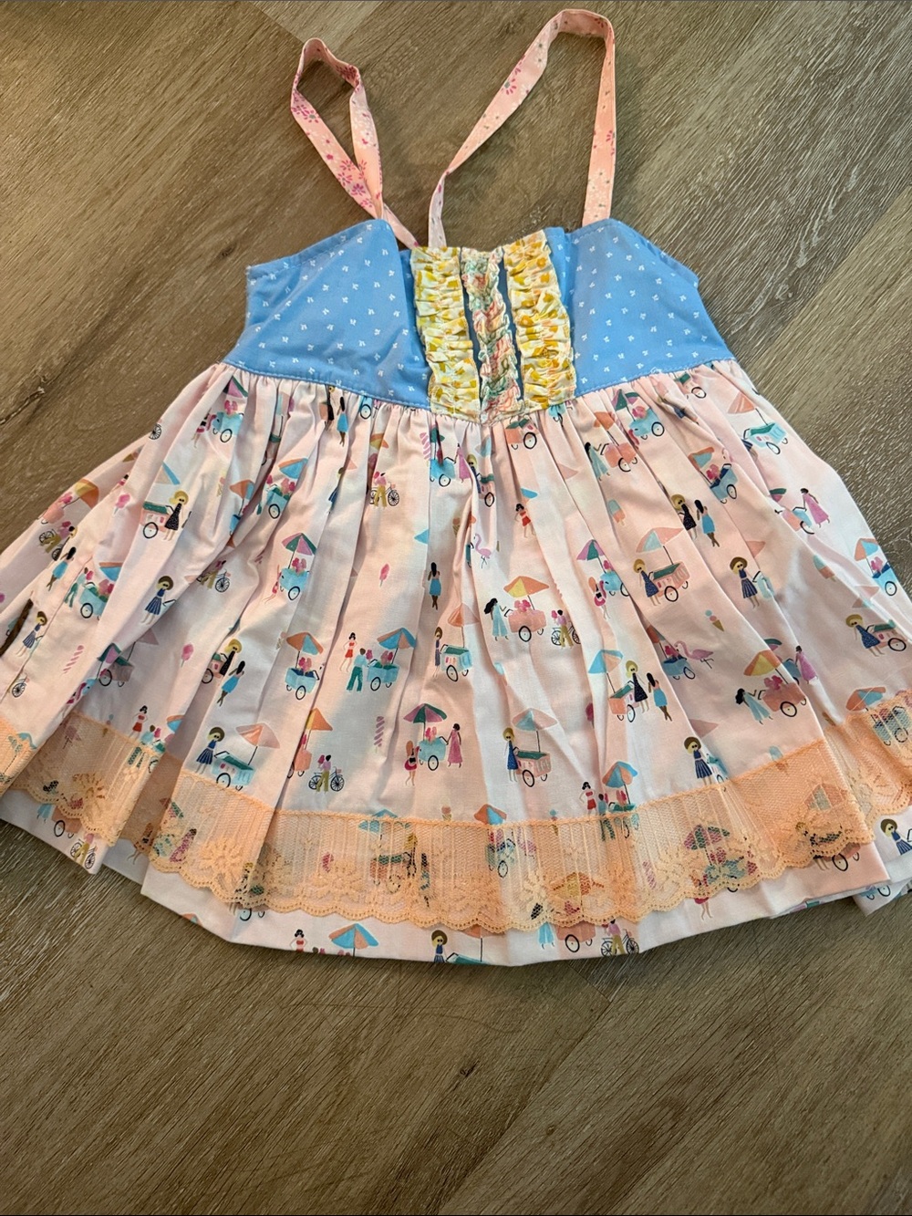 Matilda Jane Platinum White Dress with Pastel Print and Peach Lace